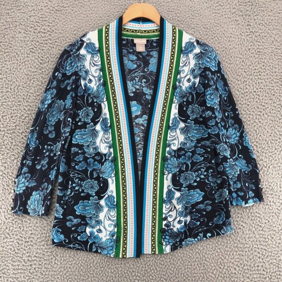 Chicos Sweater Womens 0 US Small Blue Floral Perfect Layer Cardigan 3/4 Sleeves - Picture 1 of 10